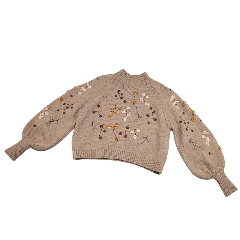 ZARA Womens Taupe Beaded Embroidered Floral Knit Cropped Sweater L/XL Grannycore